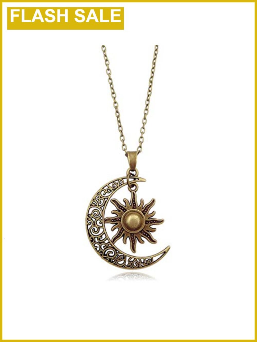 Vintage Bronze Crescent Moon Sun Pendant Necklace Retro Swirl Filigree Unisex